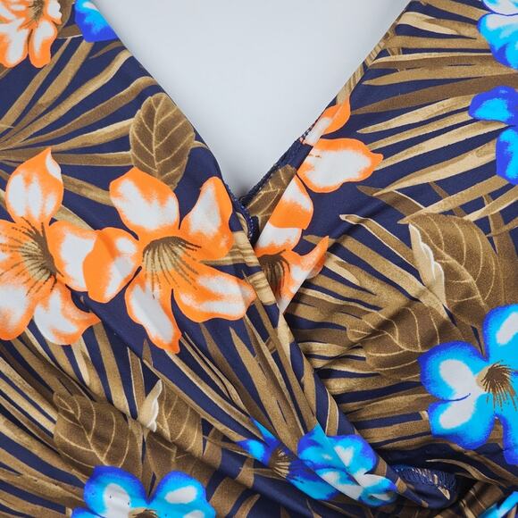 Lands' End SlenderSuit Wrap One Piece Swimsuit Deep Sea Navy Tropic Palm Size 12 - Picture 2 of 8